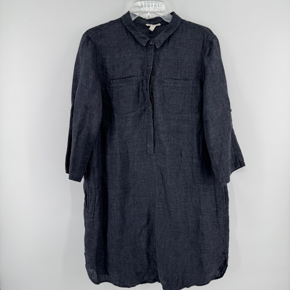 Eileen Fisher Shirt Dress Womens Small Charcoal Gray Organic Linen Pockets